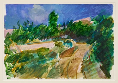 Lot 1141 - *Peter Coker (1926-2004) watercolour - Bargemon Landscape, initialled, inscribed verso an with artist's label, 38cm x 56cm, in glazed frame