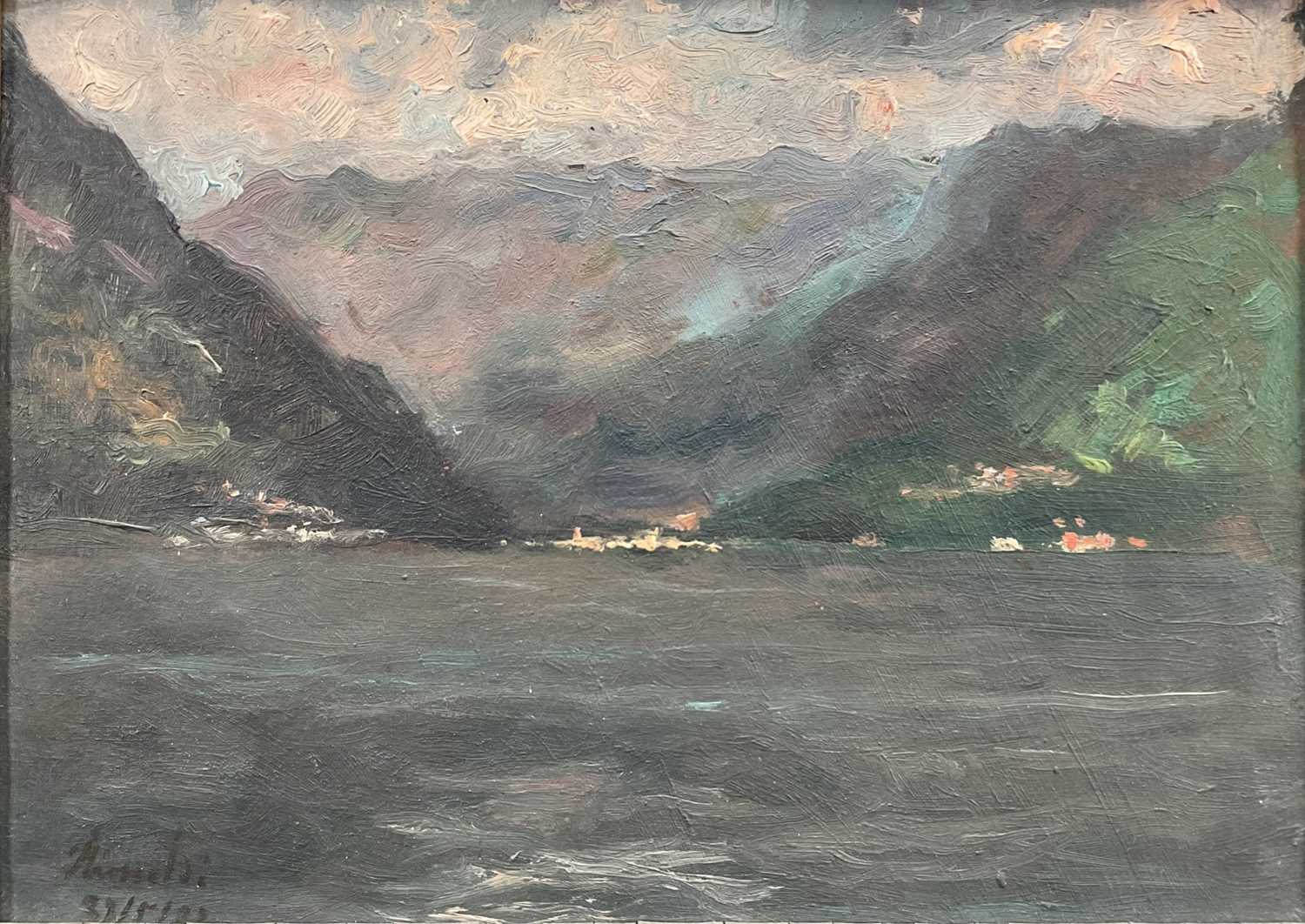 Lot 45 - Pietro Adamo Rimoldi (1869-1939) oil on board, lake scene, and a 19th century gilt frame