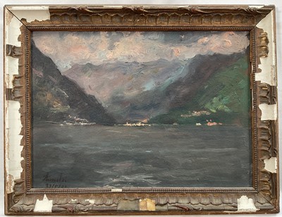 Lot 45 - Pietro Adamo Rimoldi (1869-1939) oil on board, lake scene, and a 19th century gilt frame