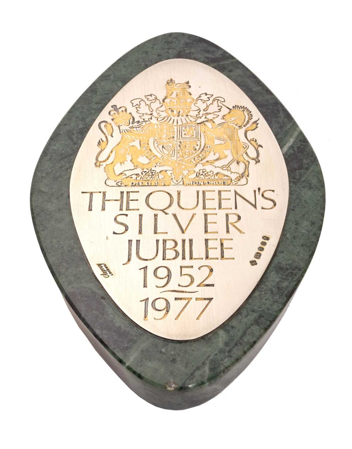 Lot 21 - Asprey, London. A silver mounted green marble desk weight for the Queen's Silver Jubilee 1952-1977, the silver mount impressed “Asprey London” and hallmarked Asprey & Co Ltd. London, 1977. T...