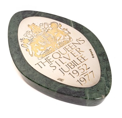 Lot 21 - Asprey, London. A silver mounted green marble desk weight for the Queen's Silver Jubilee 1952-1977, the silver mount impressed “Asprey London” and hallmarked Asprey & Co Ltd. London, 1977. T...