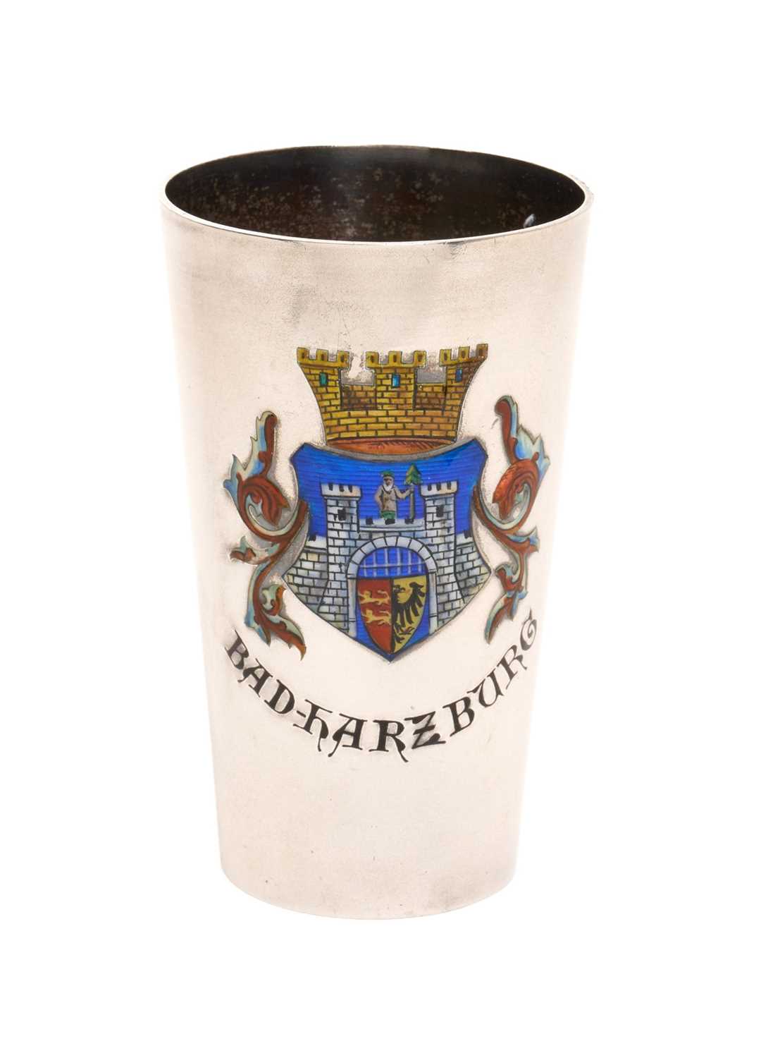 Lot 20 - Good quality late 19th century / early 20th century German silver and enamel beaker of tapered form, with enamelled shield of Bad-Harzburg, impressed marks to base