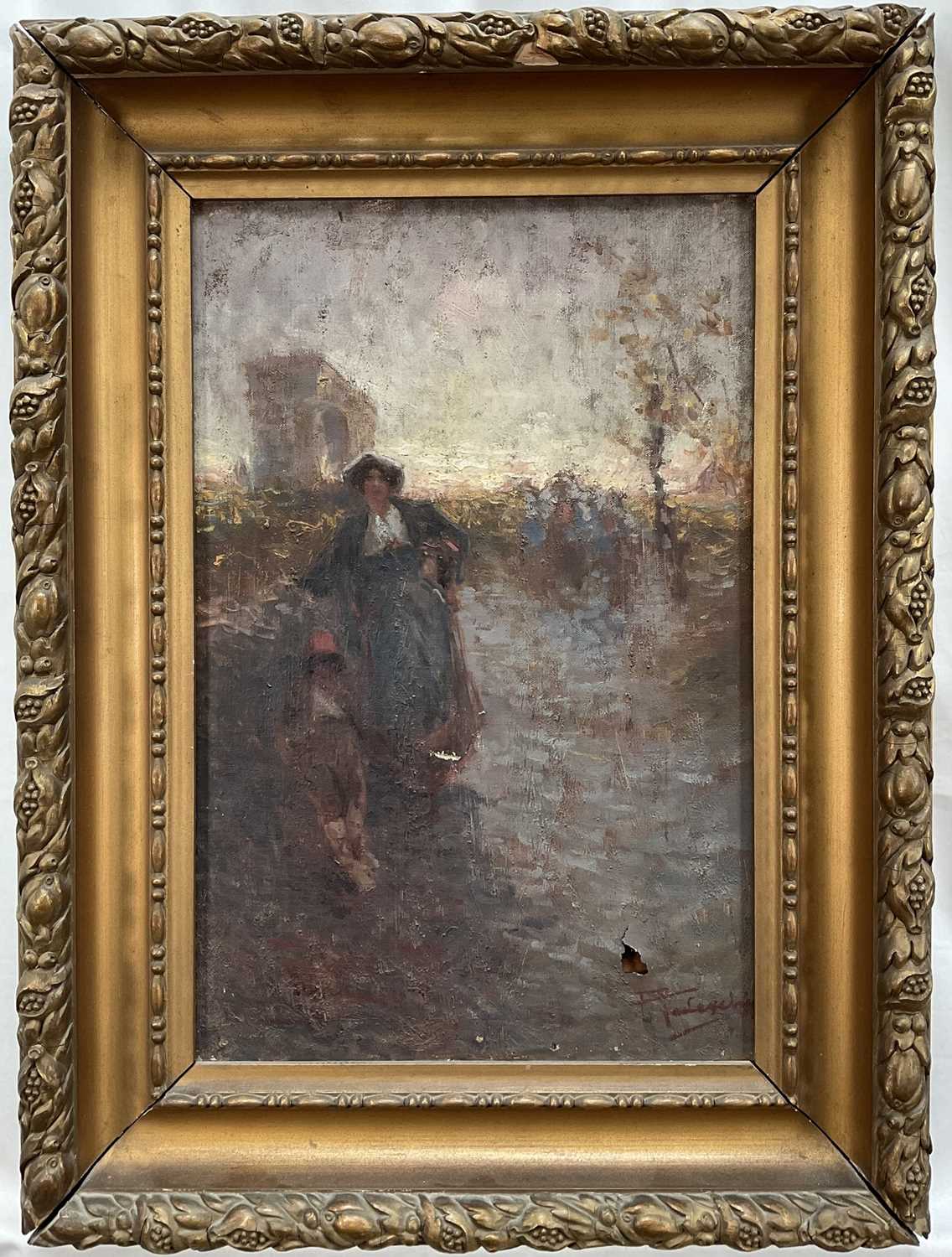 Lot 39 - Italian School, early 20th century oil on canvas, figures before an arch, indistinctly signed, 43cm x 28cm, gilt frame
