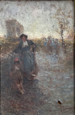 Lot 39 - Italian School, early 20th century oil on canvas, figures before an arch, indistinctly signed, 43cm x 28cm, gilt frame