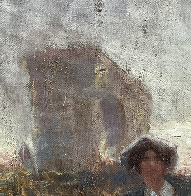 Lot 39 - Italian School, early 20th century oil on canvas, figures before an arch, indistinctly signed, 43cm x 28cm, gilt frame