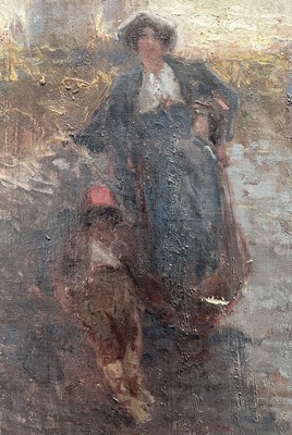 Lot 39 - Italian School, early 20th century oil on canvas, figures before an arch, indistinctly signed, 43cm x 28cm, gilt frame