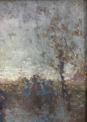 Lot 39 - Italian School, early 20th century oil on canvas, figures before an arch, indistinctly signed, 43cm x 28cm, gilt frame