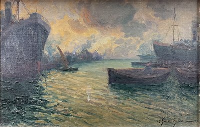 Lot 38 - Ercole Garavaglia (Italian 20th century) oil on board, harbour scene Genoa, signed, 26cm x 40cm, framed