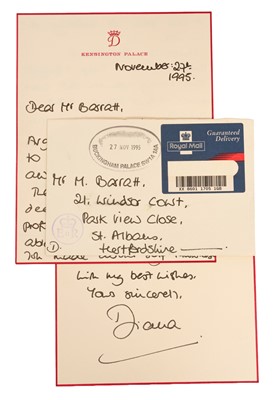 Lot H.R.H. Diana, Princess of Wales, an important handwritten two page letter to Mr Michael Barratt relating to her famous Panorama interview and written one week afterwards on 27th November 1995 .