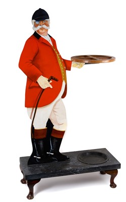Lot Novelty painted wooden stick stand in the form of a moustached and monocled gentleman in hunting attire, 123cm high