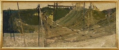 Lot *James Morrison (1932-2020) oil on board - Drying the Fishing Nets, signed and dated 1960, 39cm x 97cm, in gilt frame