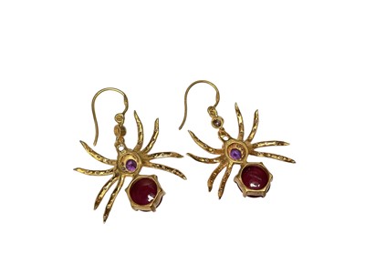 Lot 1 - Pair of novelty ruby, amethyst and diamond spider earrings