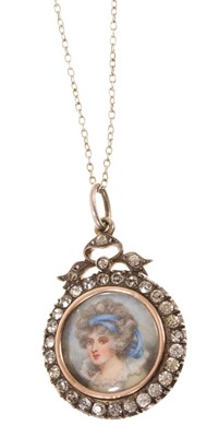 Lot Antique paste set portrait locket with a circular ivory portrait miniature of an 18th century style lady in a double sided silver and paste set locket, 38mm x 24mm diameter, on a silver chain. A...