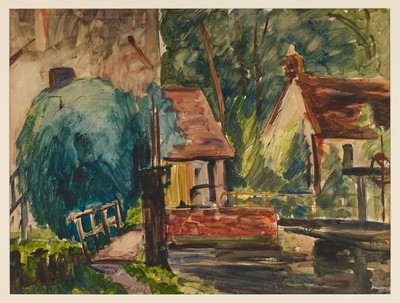 Lot *Paul Lucien Maze (1887-1979) ink and watercolour - Cottages by the Stream, circa 1928, signed, 46cm x 61cm, in glazed frame.