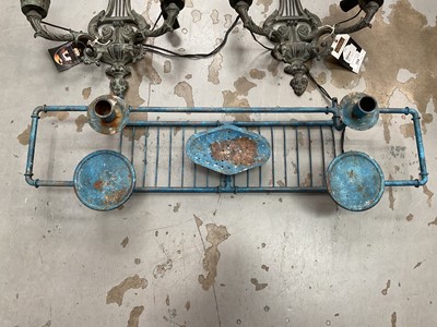 Lot 5047 - Pair of antique style bronzed metal twin branch wall lights, together with a vintage blue metal bath tray