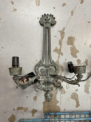 Lot 5047 - Pair of antique style bronzed metal twin branch wall lights, together with a vintage blue metal bath tray
