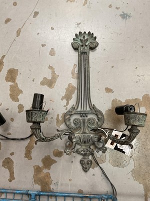 Lot 5047 - Pair of antique style bronzed metal twin branch wall lights, together with a vintage blue metal bath tray