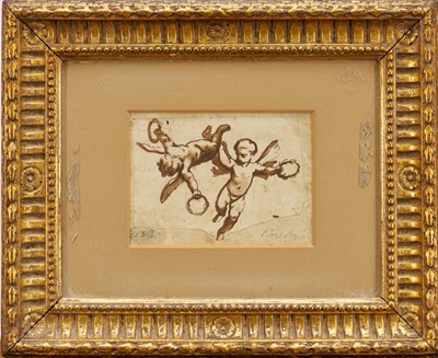 Lot Domenica Piola or Family: Two cherubs in flight holding garlands - a fragment, stuck down, the...