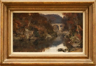 Lot 1191 - David Farquharson (1835-1907) oil on board, Bridge over a river, signed with monogram, dated [18]'98, 12cm x 20.5cm, framed
