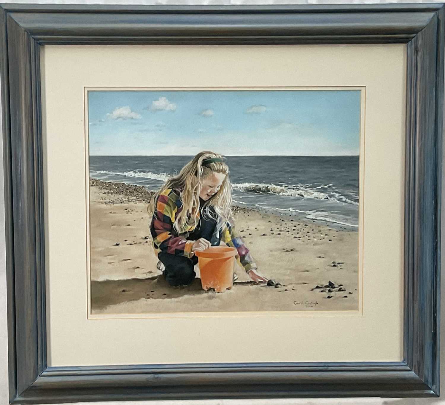 Lot 69 - Carol Critoph (b. 1950) pastel, beach scene titled ‘Olivia’, signed and dated 2000, 35cm x 43cm, glazed frame