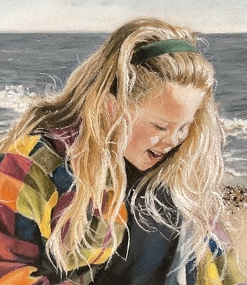 Lot 69 - Carol Critoph (b. 1950) pastel, beach scene titled ‘Olivia’, signed and dated 2000, 35cm x 43cm, glazed frame