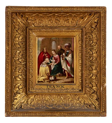 Lot Attributed to Frans Francken (1581-1642) oil on panel - The Adoration of the Magi, the Three Kings paying homage to the infant Jesus, 16.5cm x 14cm, in gilt frame