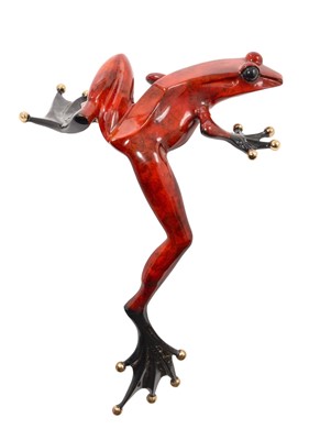 Lot 853 - Tim Cotterill ‘Frogman’, very large limited edition enamelled bronze model of a frog, signed, 108/500, 82cm from foot to head