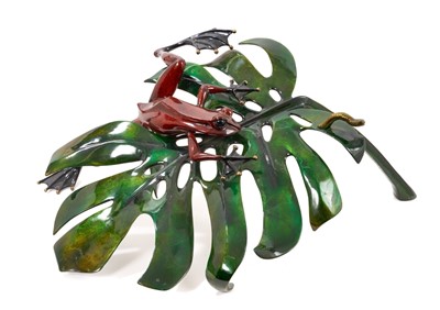 Lot Tim Cotterill 'Frogman' (British, b.1950), large limited edition enamelled bronze model of a frog on a leaf, signed, 221/750, 58.5cm across
