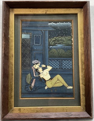 Lot 61 - Persian miniature - couple in an embrace, 13cm x 9cm, glazed frame