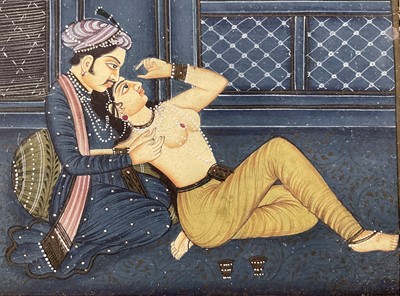 Lot 61 - Persian miniature - couple in an embrace, 13cm x 9cm, glazed frame