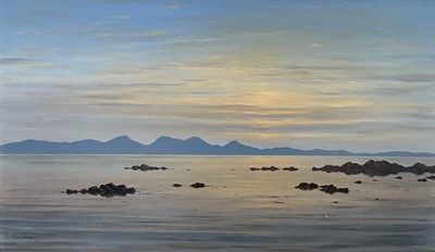Lot 51 - Ken Ferguson, Scottish contemporary, oil on board - Loch scene, signed and dated '03, 44cm x 74cm, glazed frame