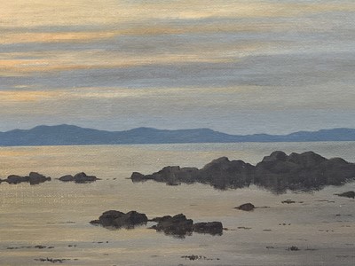 Lot 51 - Ken Ferguson, Scottish contemporary, oil on board - Loch scene, signed and dated '03, 44cm x 74cm, glazed frame