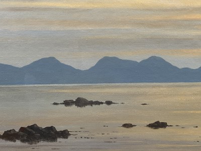 Lot 51 - Ken Ferguson, Scottish contemporary, oil on board - Loch scene, signed and dated '03, 44cm x 74cm, glazed frame