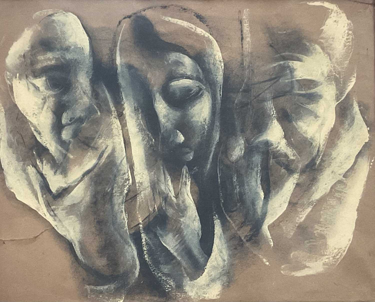 Lot 57 - Modern British School, watercolour, Three heads, 25cm x 31.5cm, glazed frame