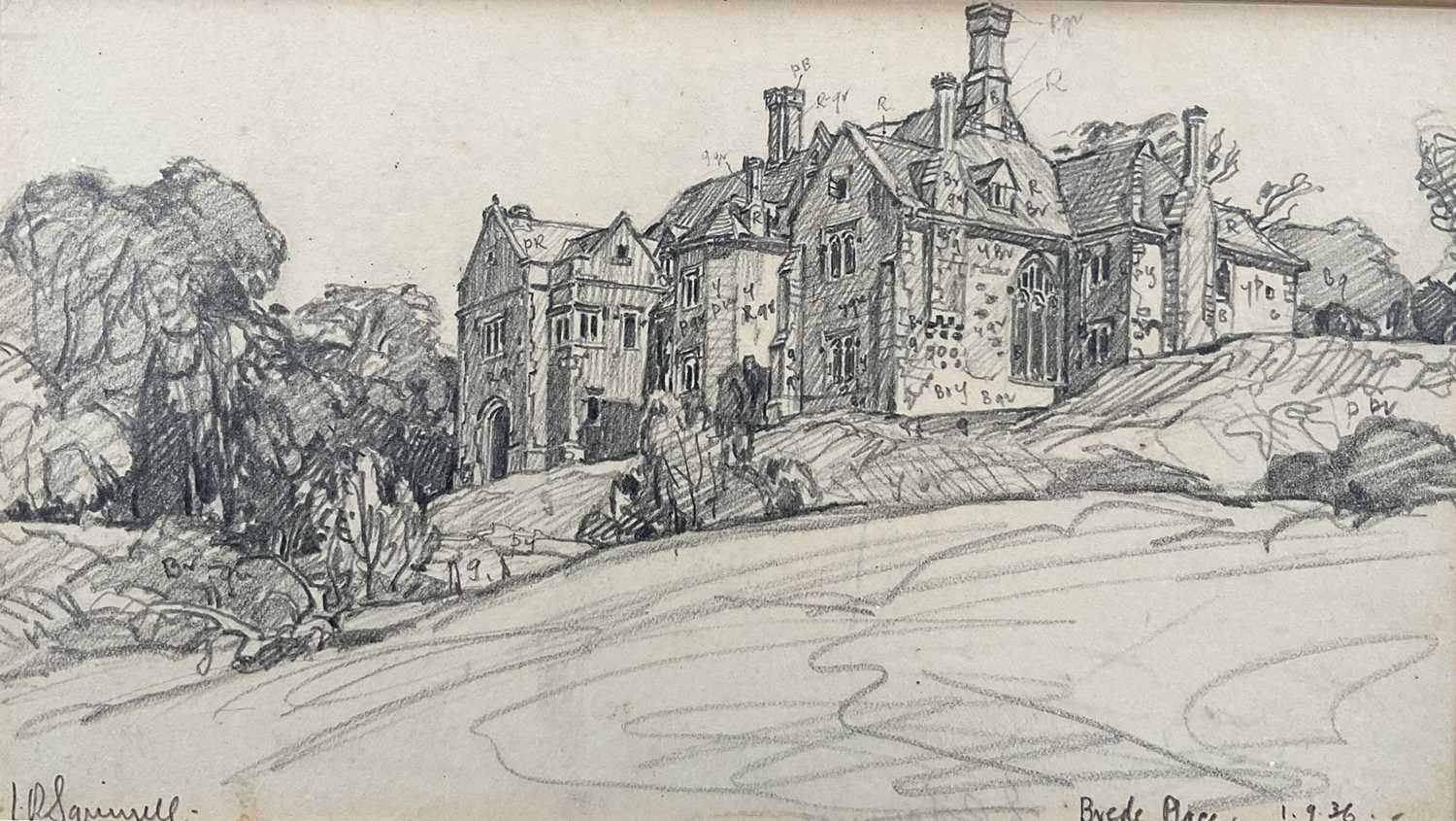 Lot 9 - Leonard Squirrell (1893-1979) pencil sketch, dated 1936, ‘Brede Place’, East Sussex, signed, 11cm x 19cm, glazed frame