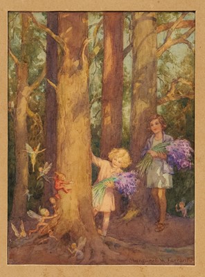 Lot Margaret W. Tarrant (1888-1959) original watercolour, ‘There must be fairies here’, signed, 20.5cm x 15cm, glazed frame
