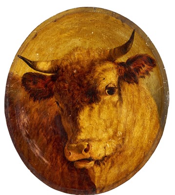 Lot English School, manner of William Huggins, oval oil on board, Head of a Bull, 41cm x 36cm, unframed