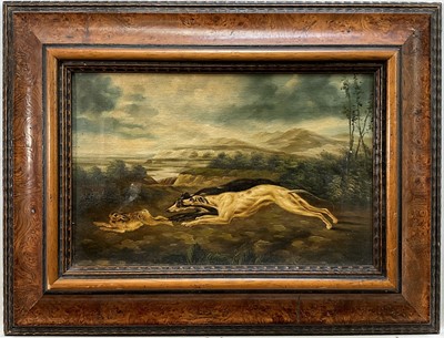 Lot 197 - English School circa 1900, oil on canvas, hare coursing scene, in maple frame. 19 x 29cm.