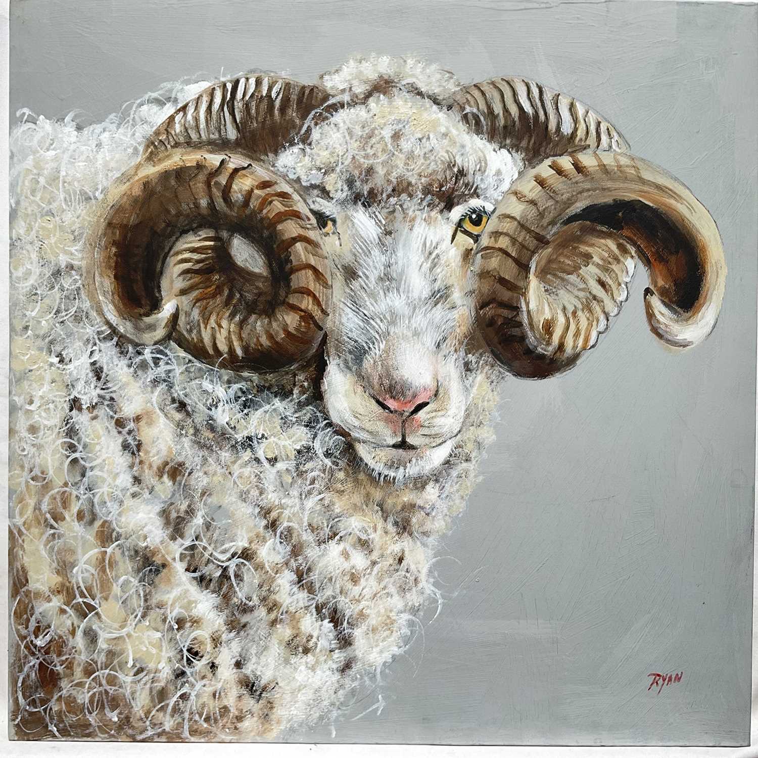 Lot 93 - John Ryan, acrylic, Head of a Ram, signed, unframed, 49.5 x 49.5cm
