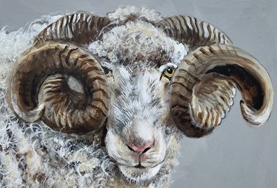 Lot 93 - John Ryan, acrylic, Head of a Ram, signed, unframed, 49.5 x 49.5cm