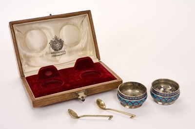 Lot 353 - Pair of Imperial Russian cloisonné salts and spoons, in fitted case