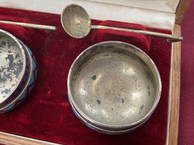 Lot 353 - Pair of Imperial Russian cloisonné salts and spoons, in fitted case