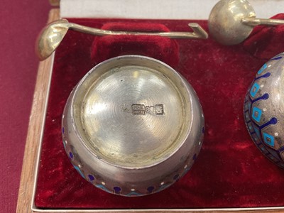 Lot 353 - Pair of Imperial Russian cloisonné salts and spoons, in fitted case