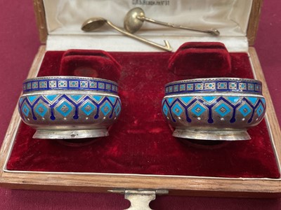 Lot 353 - Pair of Imperial Russian cloisonné salts and spoons, in fitted case