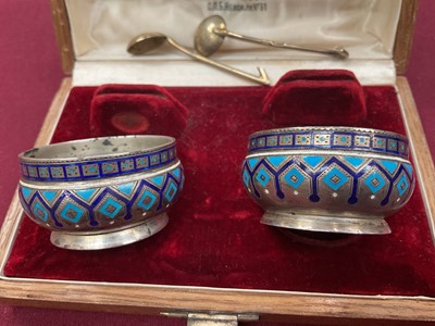 Lot 353 - Pair of Imperial Russian cloisonné salts and spoons, in fitted case