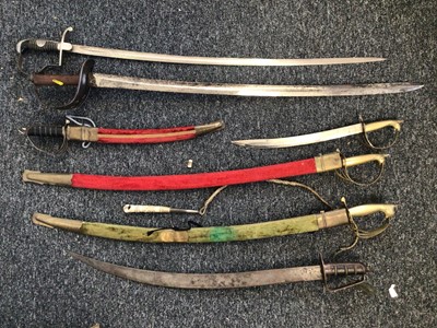 Lot 5178 - Group of seven swords including Eastern examples, and an antique carved horn hunting whistle and whip