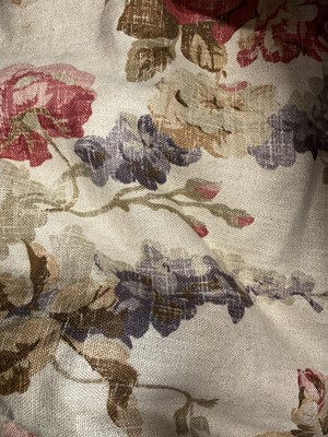 Lot 2534 - Pair of lined and interlined, floral print curtains with pinch pleat headings. Width across the gathered heading 140cms, drop 210cms approximately.