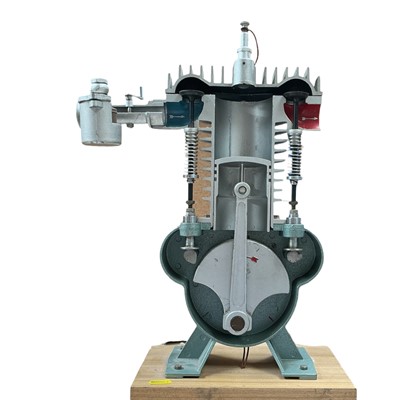 Lot 157 - Interesting vintage cut away engineering students' moving model of a cylinder inside an engine, 42.5cm in height (excluding base)