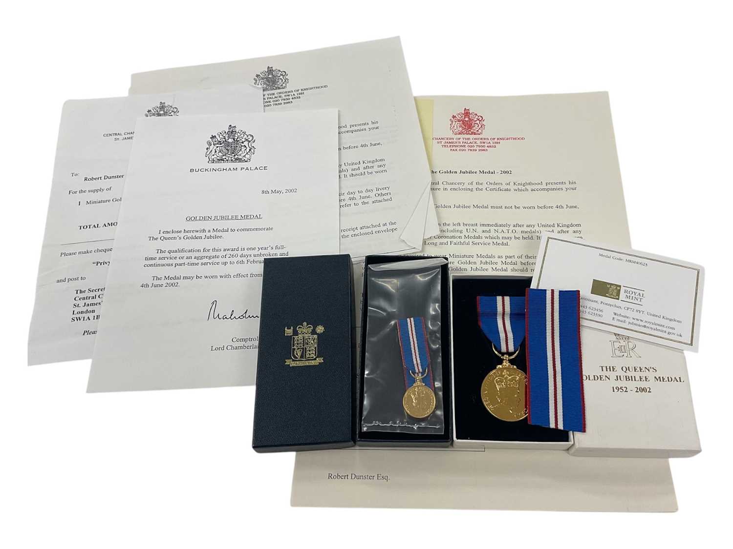 Lot 61 - The Queen's Golden Jubilee medal with miniature, both with original boxes of issue and citation with related ephemera