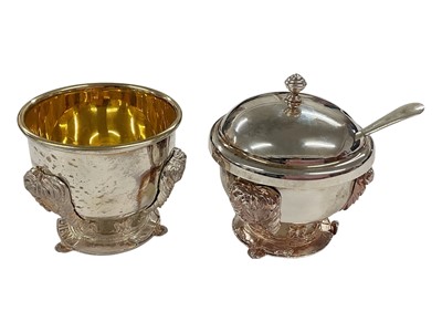 Lot 63 - H.R.H. Prince Charles, Prince of Wales, two Royal Christmas gifts comprising silver plated salt and mustard pot with cover and spoon with cast Prince of Wales feather crest decoration to bases in...